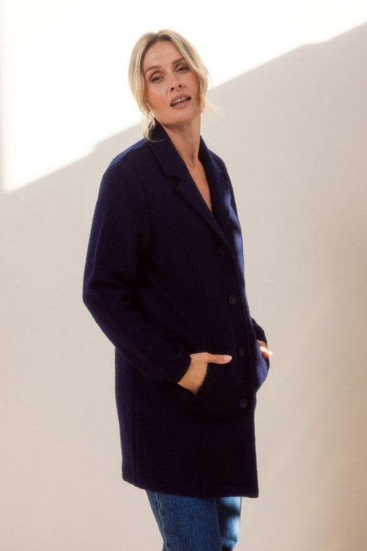 See Saw Womens 100% Boiled Wool Collared Button Coat - Black