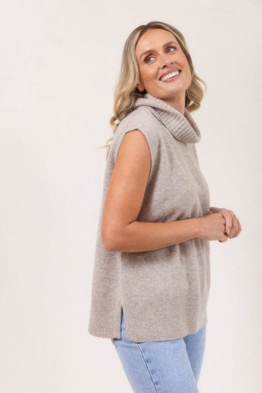 See Saw Womens 100% Merino Wool (Cashfeel) Roll Neck Vest with Side Splits - Wheat