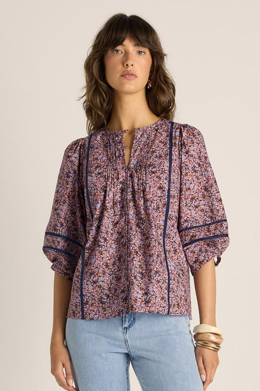 Fate & Becker Womens Alaia Print Lace Insert Blouse