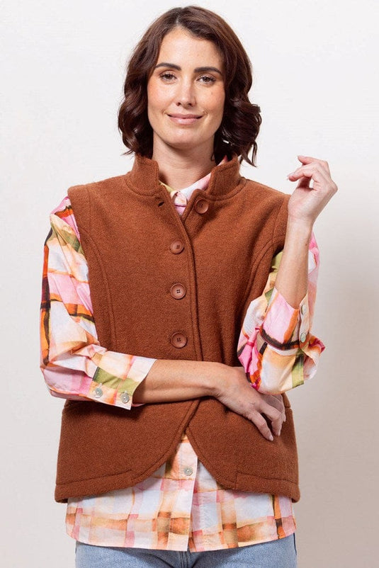 See Saw Womens 100% Boiled Wool High Collar Vest - Copper