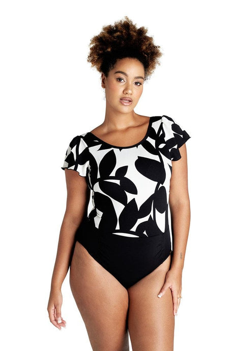 Genevieve Swimwear Womens Frilled Sleeve Scuba Suit Mastectomy Foliage One Piece