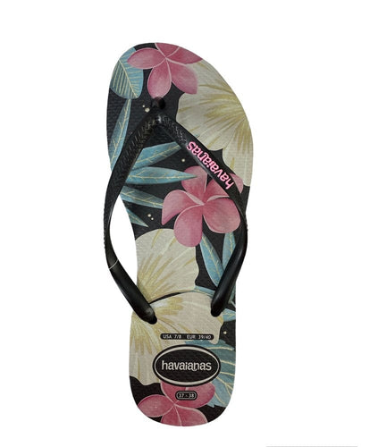 Havaianas Womens Slim Floral Black/Pink Thongs