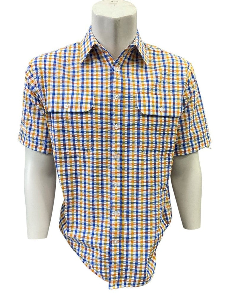 Load image into Gallery viewer, Bisley Mens Seersucker Medium Orange Check Short Sleeve Shirt
