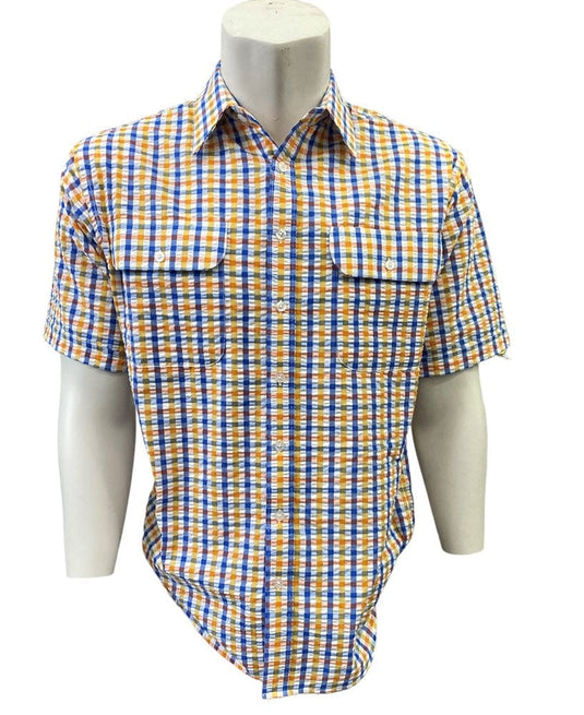 Bisley Mens Seersucker Medium Orange Check Short Sleeve Shirt