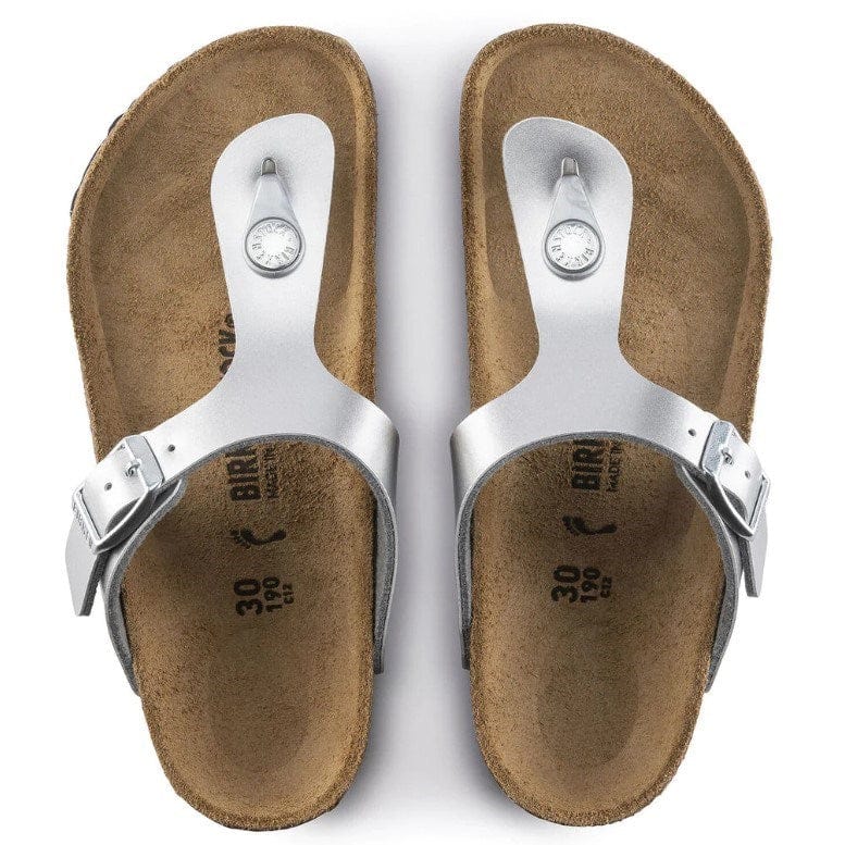 Load image into Gallery viewer, Birkenstock Gizeh Big Kids Metallic Silver Birko-Flor
