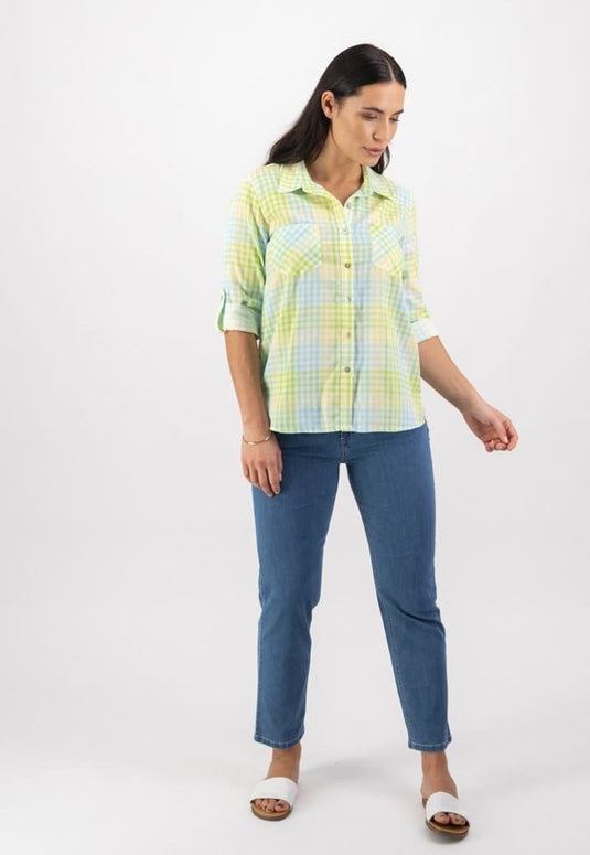 Vassalli Womens Button Front Shirt With Tab Sleeve