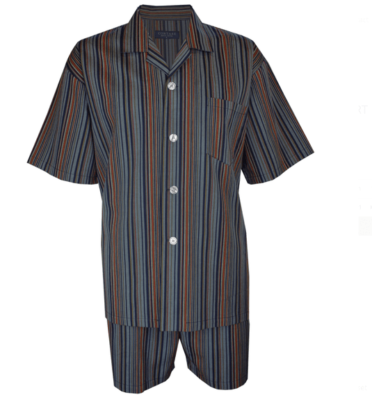Contare Mens Satin Stripe Cotton Pyjamas Short Sleeve Short leg