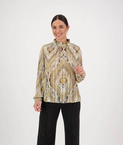 Load image into Gallery viewer, Vassalli Womens Ruffle Neck Long Sleeve Printed Top
