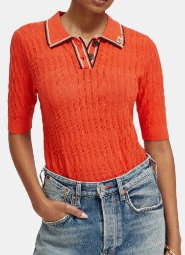 Scotch & Soda Womens Pointelle Collared Knitted Polo Shirt