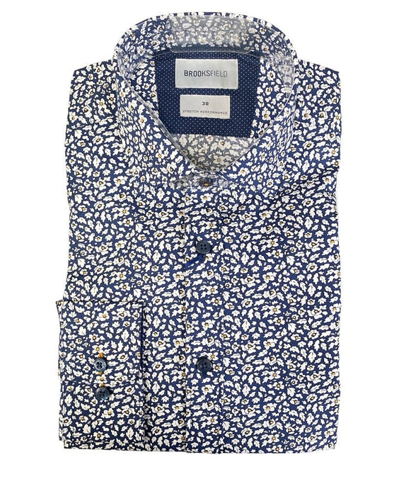 Brooksfield Mens Stretch Performance Navy Floral Shirt - Bigger Sizes