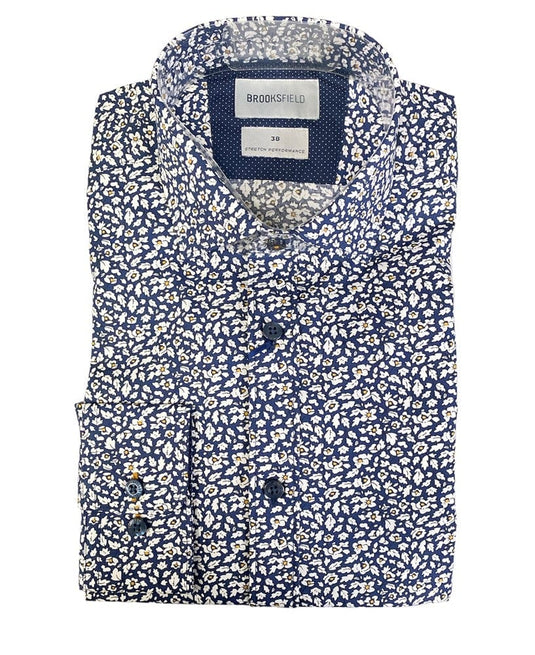 Brooksfield Mens Stretch Performance Navy Floral Shirt - Bigger Sizes