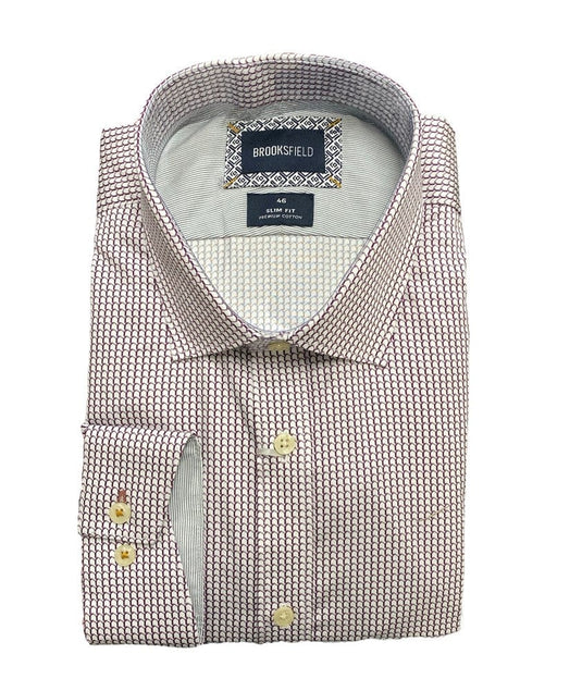 Brooksfield Mens Slim Fit Premium Cotton Print Shirt - Wine - Bigger Sizes