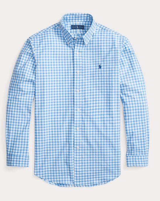 Ralph Lauren Mens Custom Fit Gingham Stretch Poplin Shirt - Light Blue Check