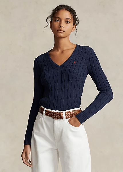 Load image into Gallery viewer, Ralph Lauren Womens Cable-Knit Pima Cotton V-Neck Jumper - Navy
