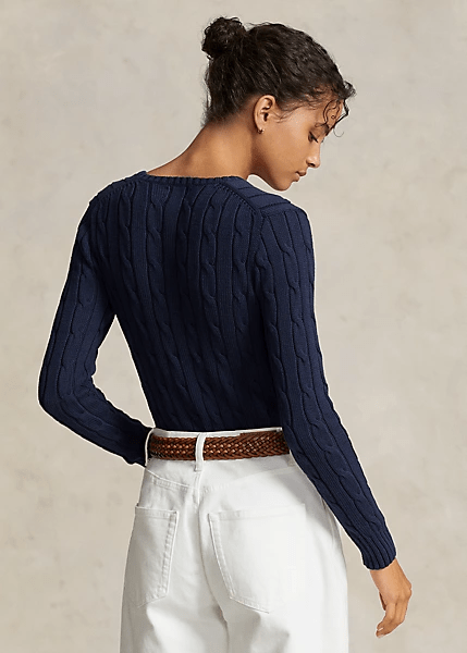 Load image into Gallery viewer, Ralph Lauren Womens Cable-Knit Pima Cotton V-Neck Jumper - Navy
