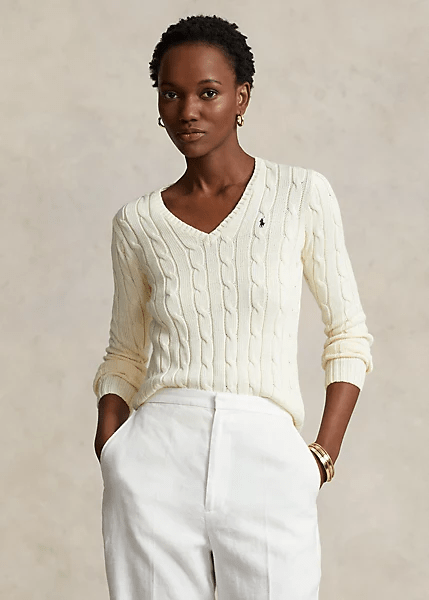 Ralph Lauren Womens Cable Knit Pima Cotton V Neck Jumper Parchment C