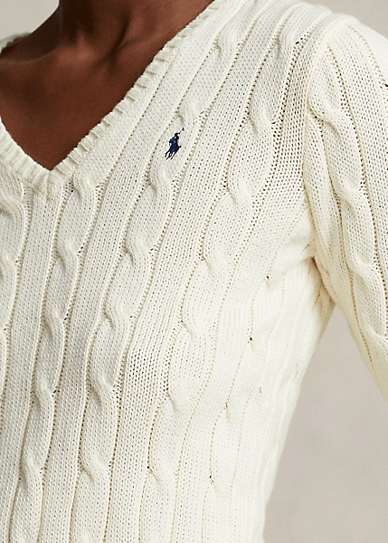 Load image into Gallery viewer, Ralph Lauren Womens Cable-Knit Pima Cotton V-Neck Jumper - Parchment Cream
